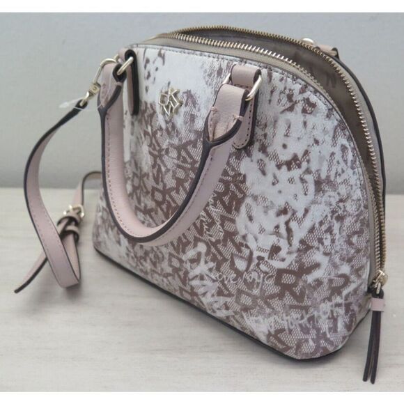 DKNY R14DYD08 Tan/Brown Sig. Logo Allover Print Catherine Dome Satchel Bag $178 - Picture 9 of 9